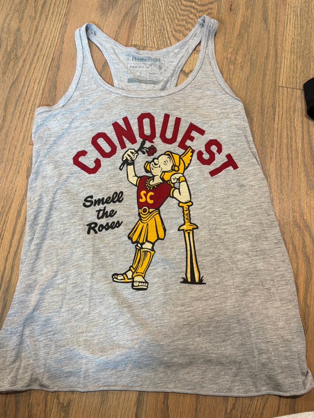 Conquest Grey Graphic Tank Top with Red & Yellow Print
